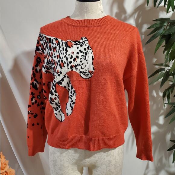 MINKPINK Sweaters - Minkpink Leopard Big Cat Boxy Crewneck Sweater Size XS Coral Orange Soft Knit